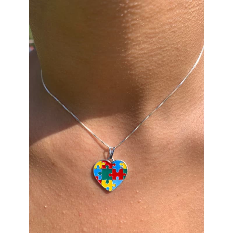 Colar Autismo + TDAH Pingente Coração Quebra Cabeça Aço Inoxidável