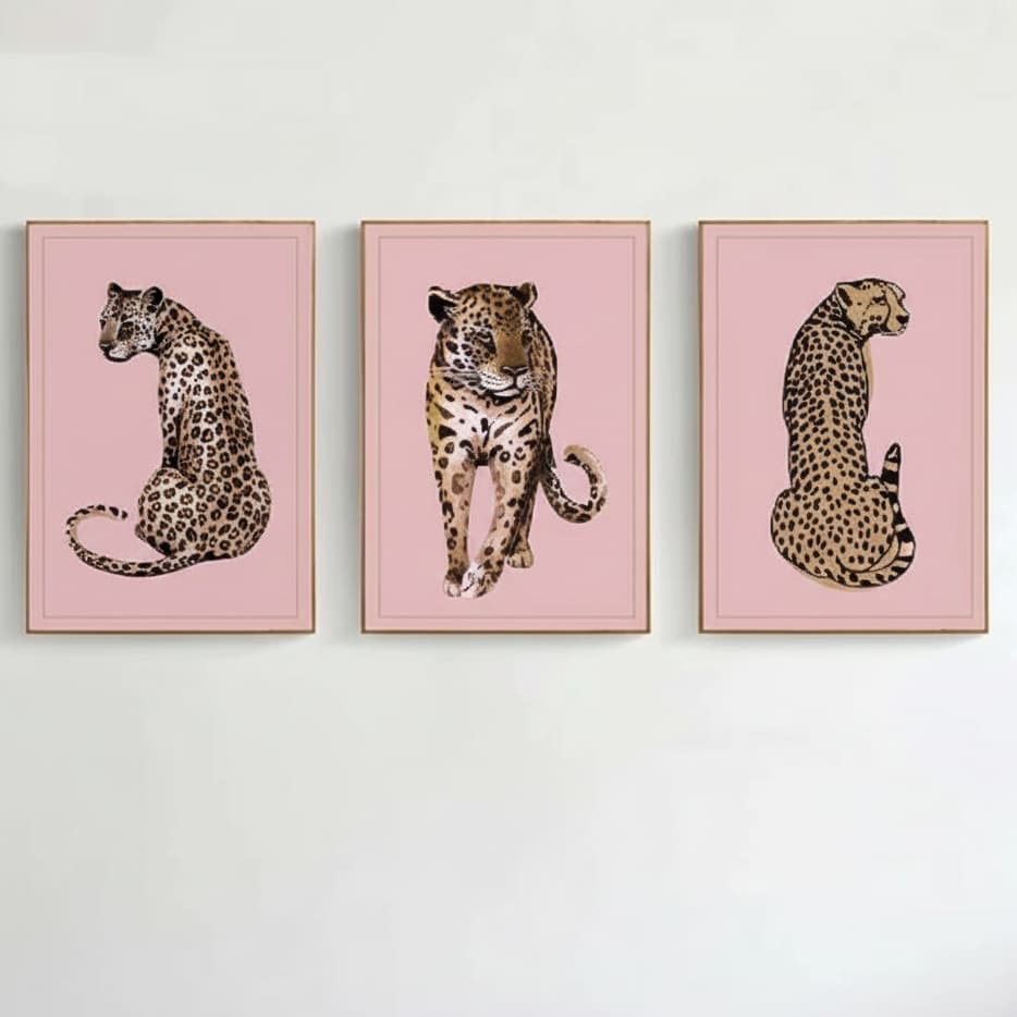 Quadros decorativos Leopardo nórdico, arte da parede, pintura rosa (3 peças)