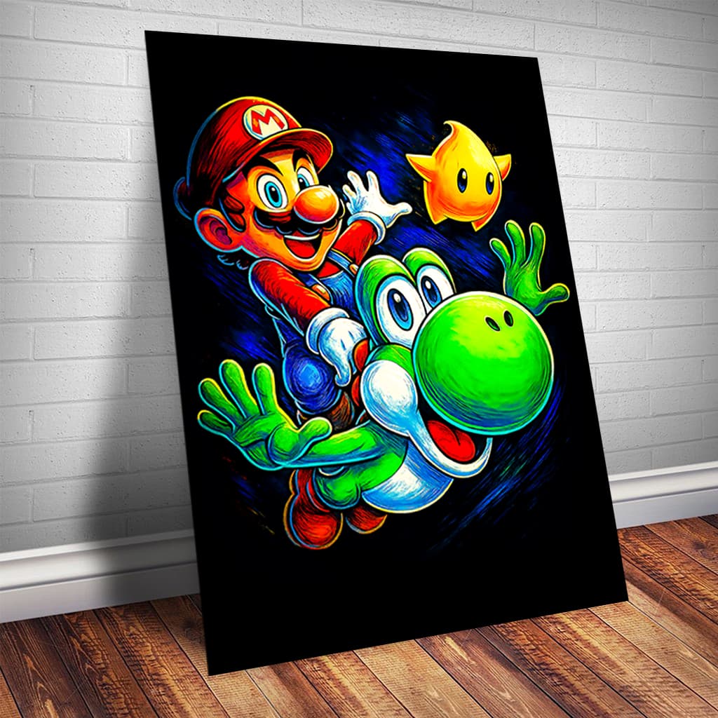 Quadro Decorativo Game Super Mario Yoshi Luigi Princesa Peach Donkey Kong Bowser Jogos Anos 90