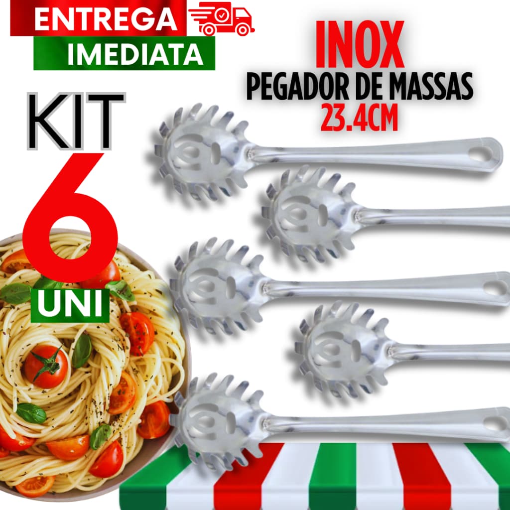 Conjunto Pegador De Massa HM 06 Unidades em Aço Inox 23.4cm Utensilio De Cozinha Ideal Para Massas