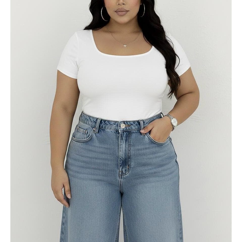 Body Feminino Manga Curta Com Fecho Decote Qradrado Pluz Sise
