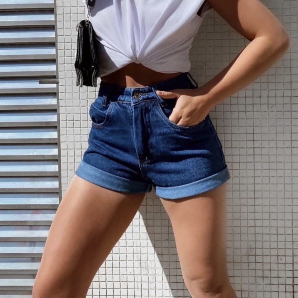 Shorts jeans mom cintura alta/shorts feminina lisa sem Lycra