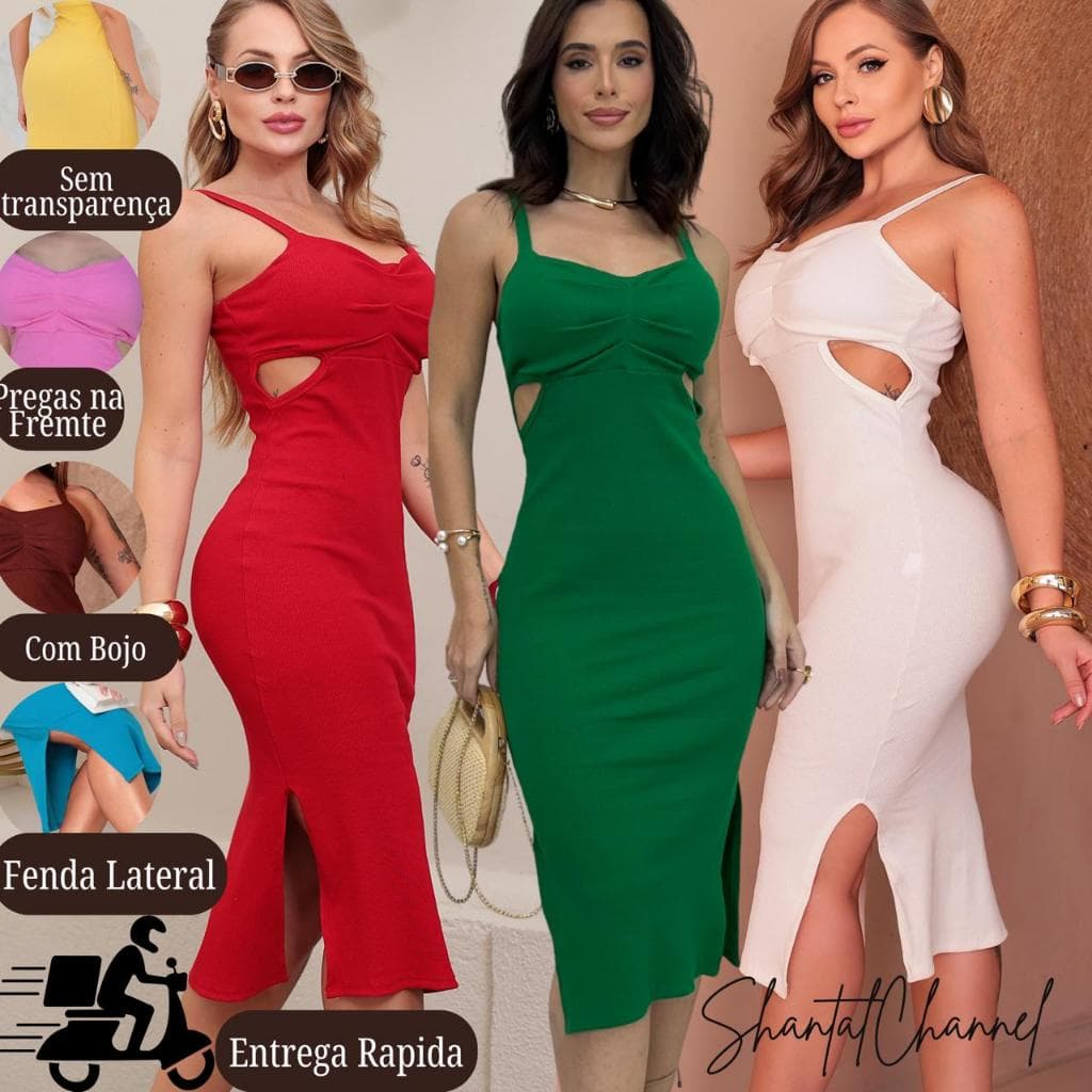 Vestido de Alça Mídi Com Fenda e Bojo Canelado Ribana PROMOÇAO