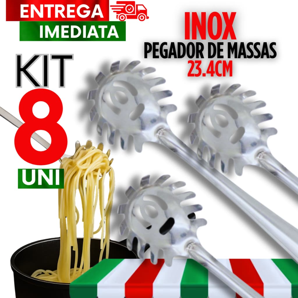 Kit Combo Pegador De Massa HM 08 Unidades em Aço Inox 23.4cm Cozinha Ideal Para Massas como Macarrão