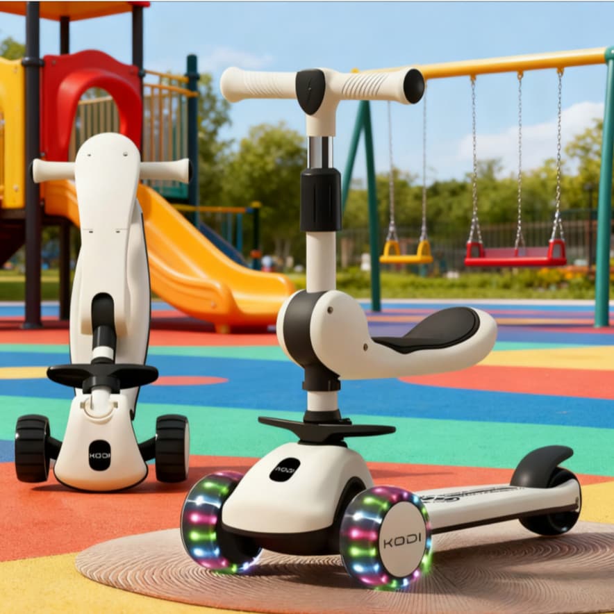 Patinete Infantil 3 em 1 com Assento, Música Integrada e Rodas LED Coloridas, Altura Ajustável e Dobrável -P15
