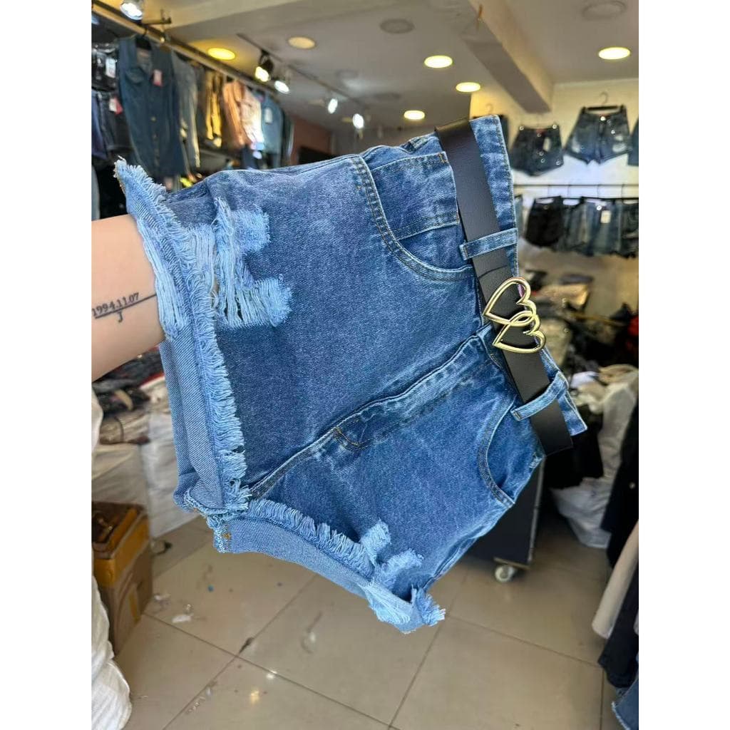 Short  rasgada jeans cintura alto short Destroyed feimininas short jeans com cinto