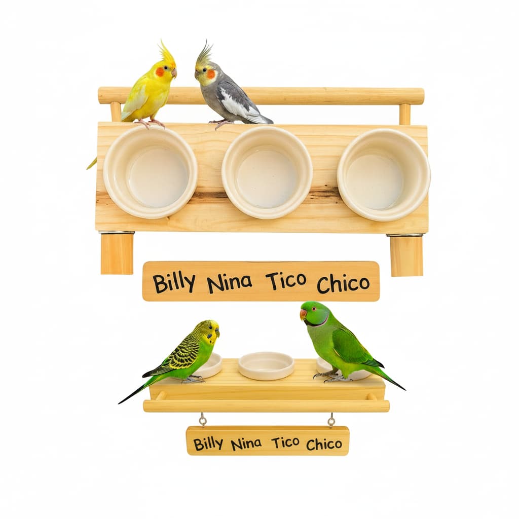 Comedouro Triplo Premium Personalizado com Nomes das Aves – Tigelas de Porcelana ou plastico 90 ml