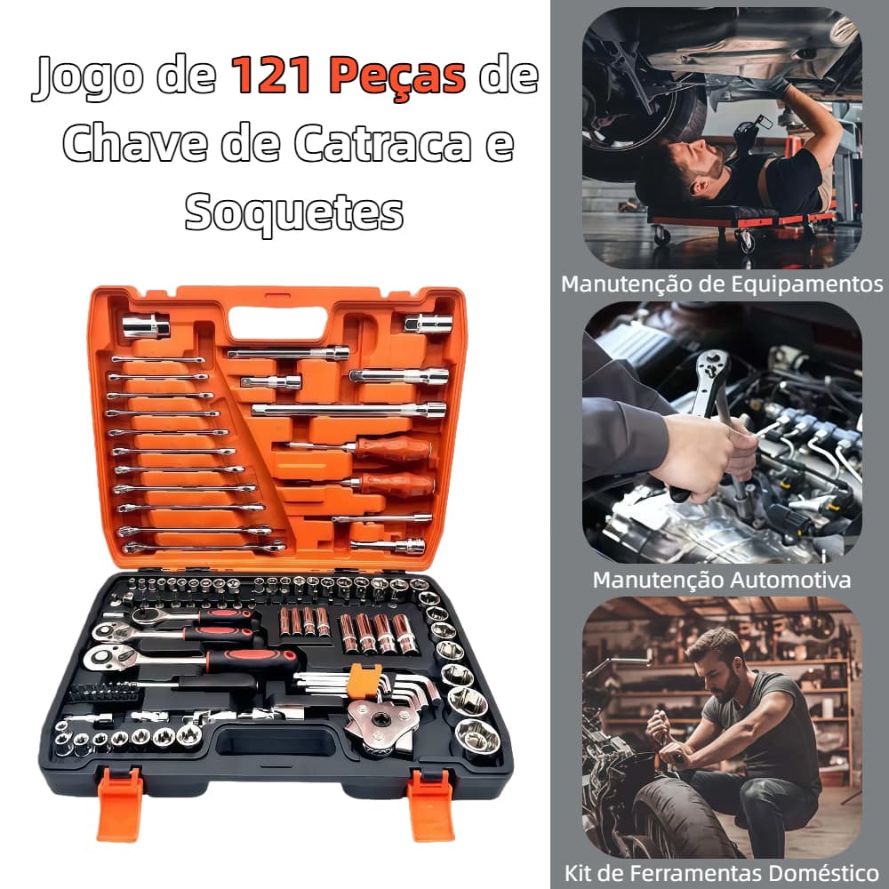 Jogo Caixa De Ferramentas Chave Soquete Catraca Chave Combinada 121 Peças Multi Funções