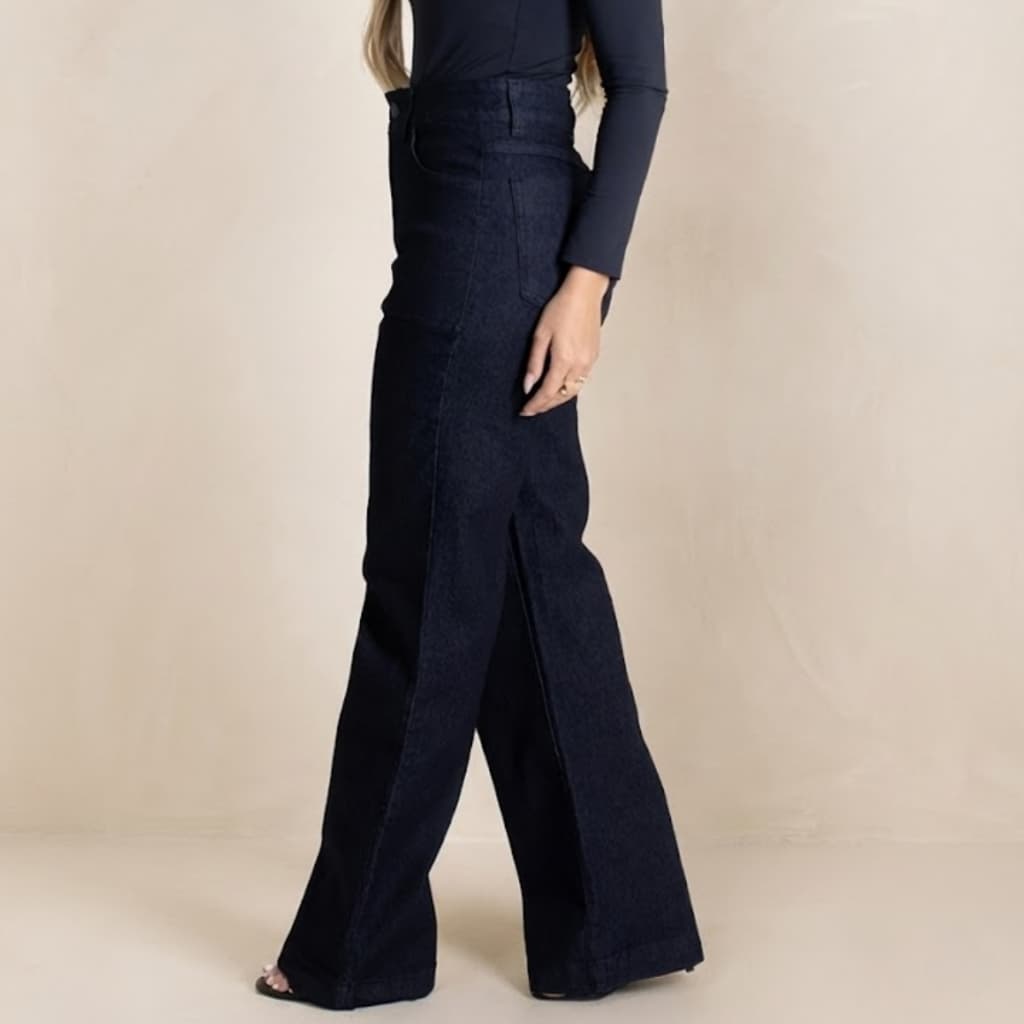 Calça Jeans Feminina Wide Leg Sawary Original Elastano Lycra Cintura Alta Confortável Premium Laicra