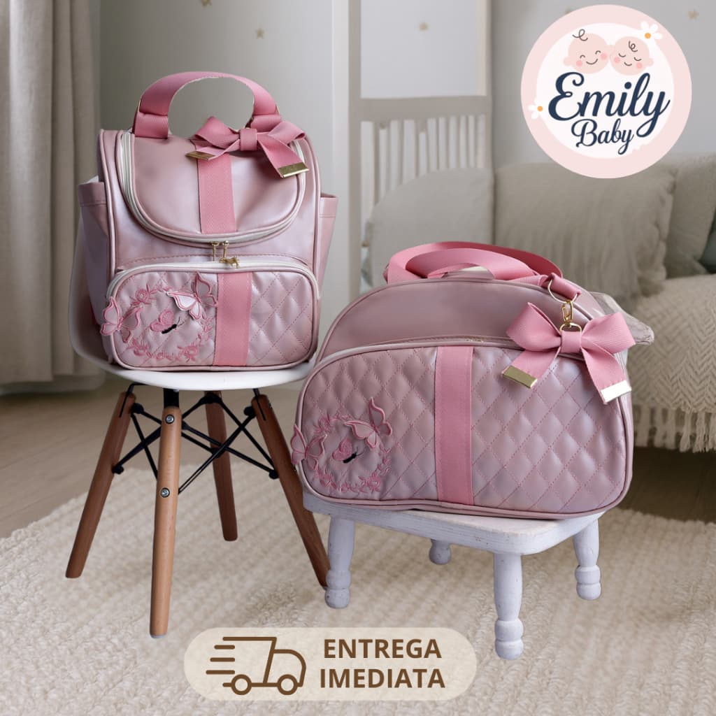 Bolsa Maternidade Grande e Mochila de Bebe Luxo Borboleta 3D Rosé Impermeável Mamãe Premium
