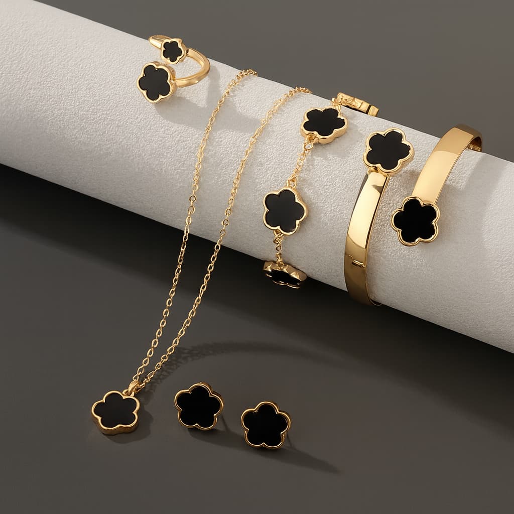Conjunto de Colar, Anel, Brinco, Pulseira E Bracelete Estilo Jóia Flor da Sorte Trevo - 5 Peças de Jóias Alta Qualidade