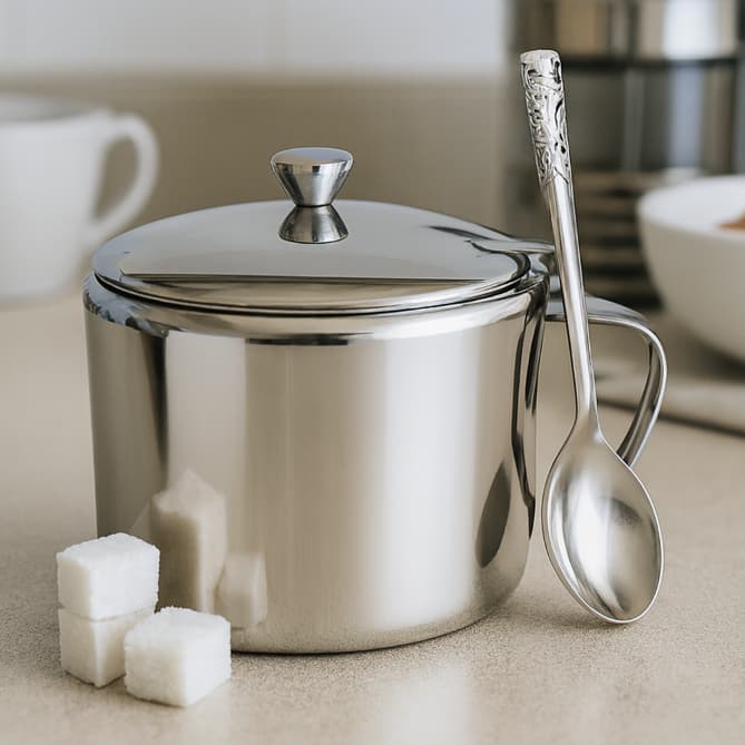 Açucareiro Em Aço Inox Com Colher Tampa e Alça Linha Luxo