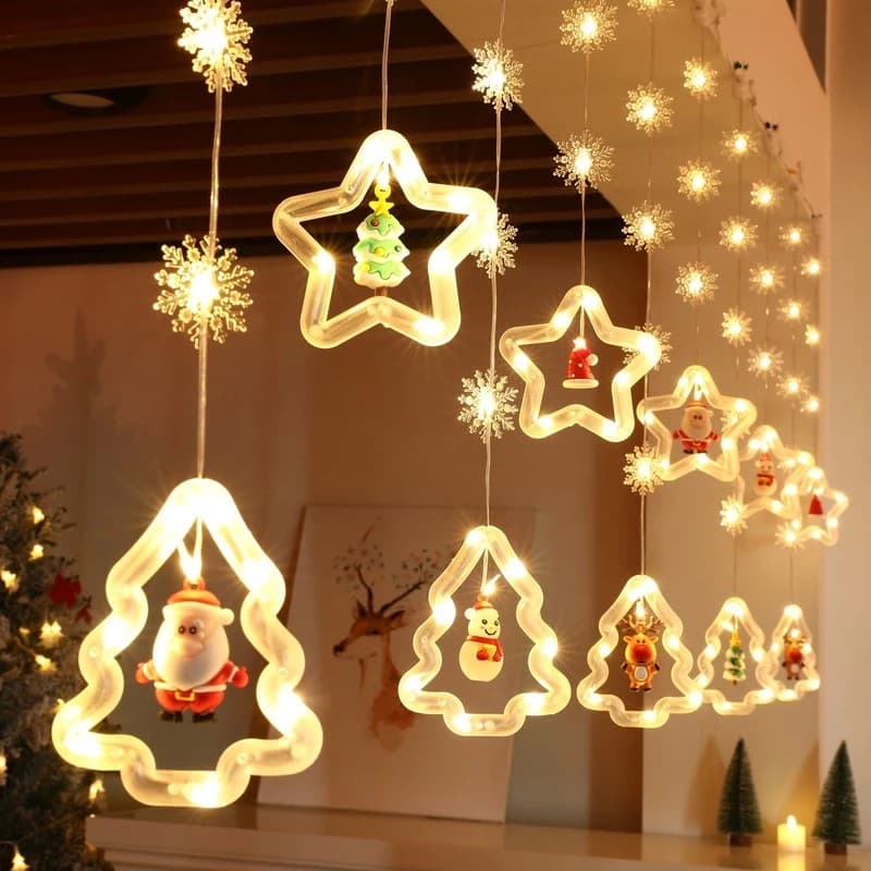 Decoração Luz Natal 110V Cascata Led 3.5m Com Pisca Pisca Cortina Estrela Lua Papai Noel Neve O1