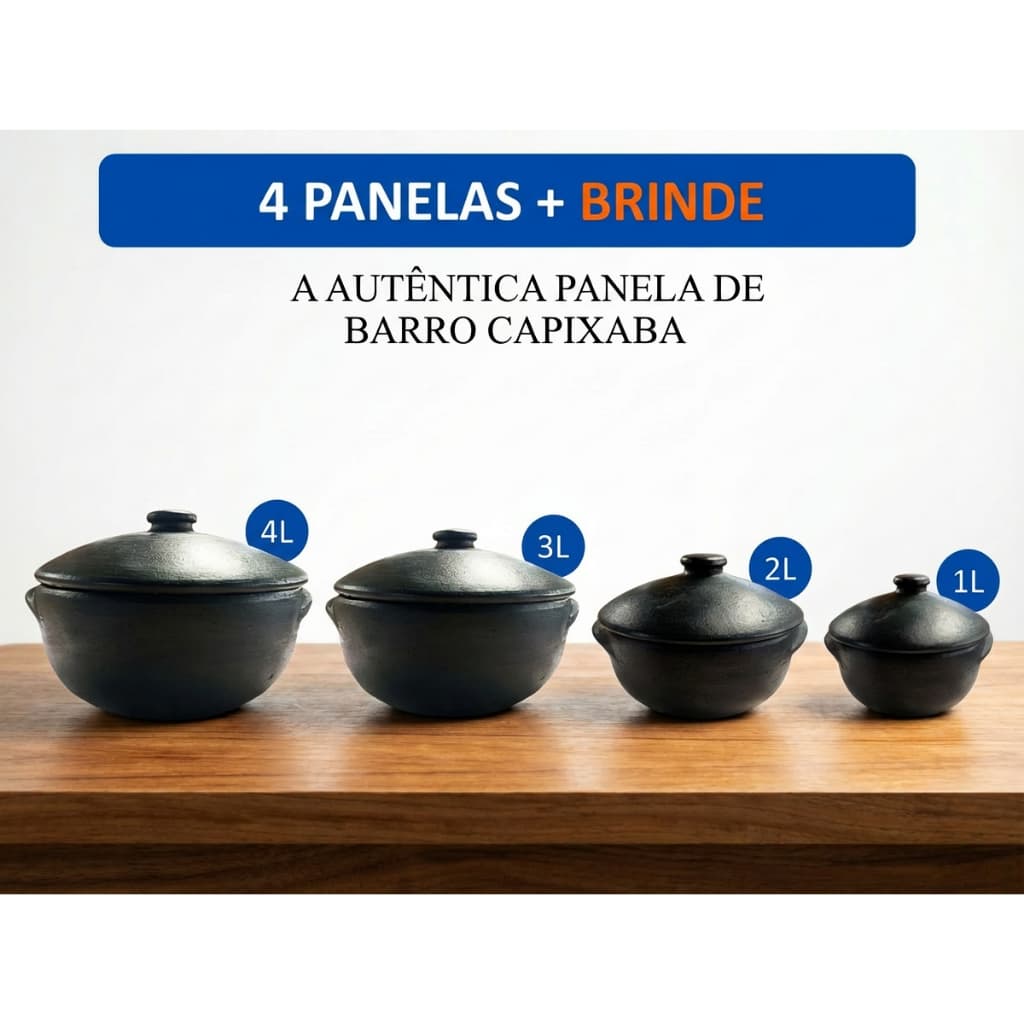Jogo de Panelas Barro Capixaba Preta- Conjunto C/ 4peças+BRINDE-Moqueca-Arroz-Ensopados/Retém Calor/Fogo Gás/Fogão Lenha