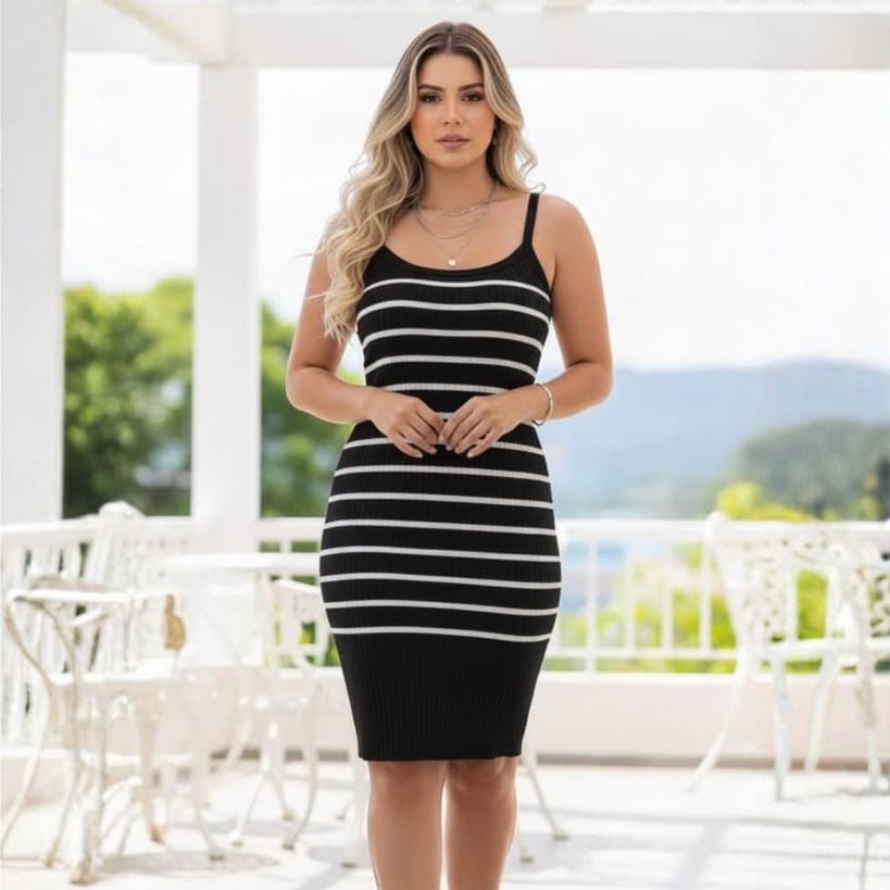 Vestido Feminino Tricô Canelado Midi Listrado Justo, Elegante e Confortável  Moda Feminina 2026