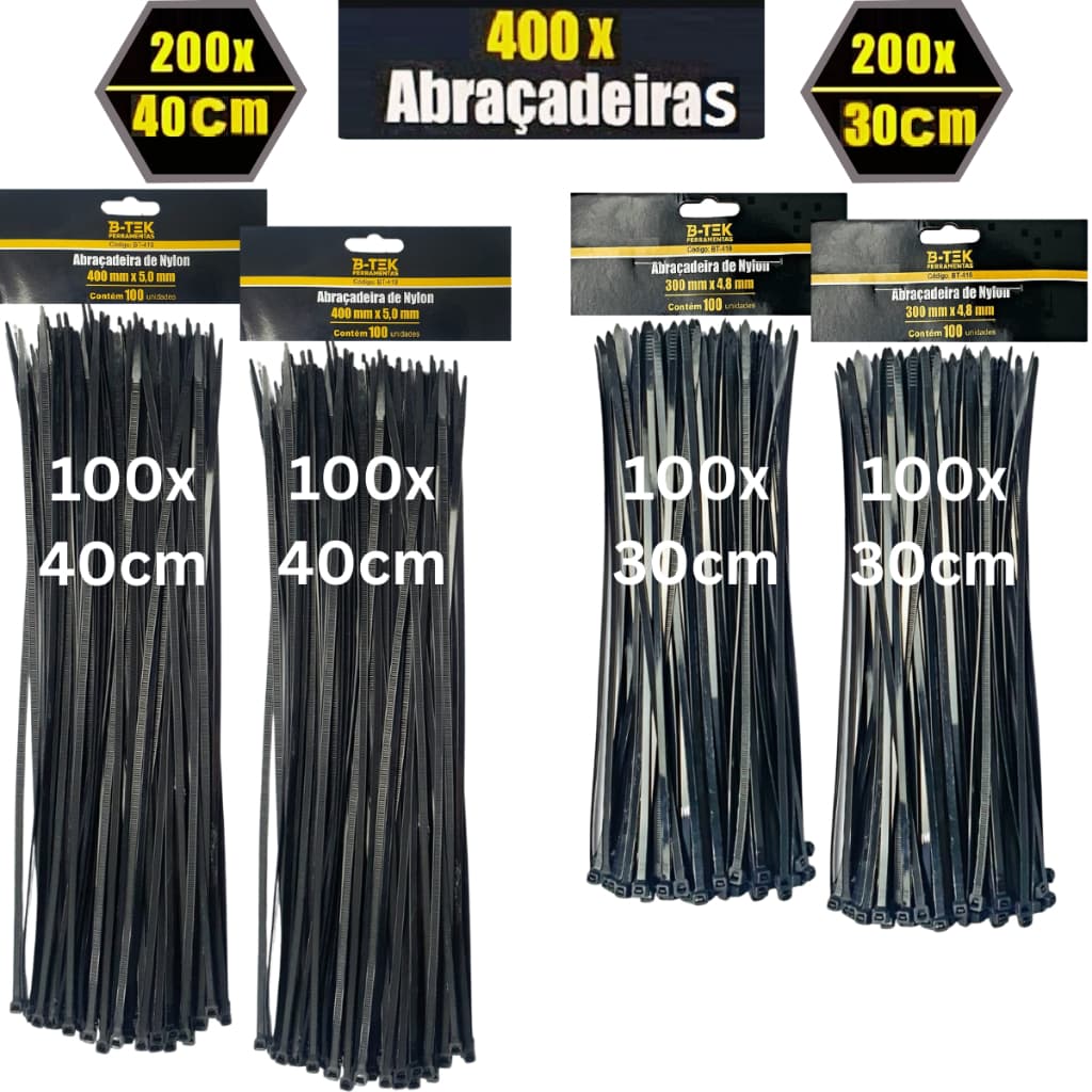 Kit 400 Abraçadeiras Nylon - 40cm e 30cm - Branco / Preto - Enforca Gato - Fita Hellermen - Cinta Plástica