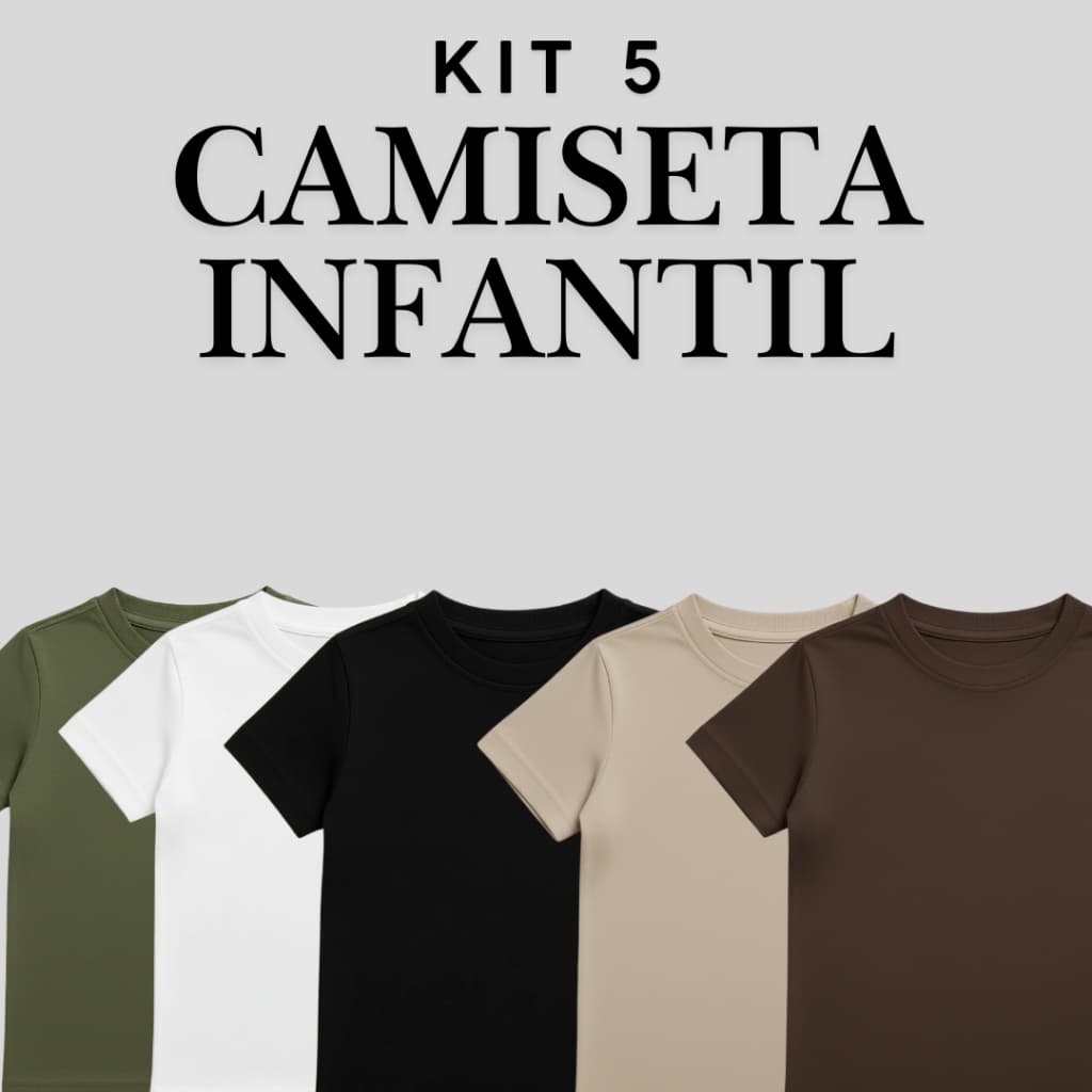 Kit com 5 Camisetas Infantis 100% Algodão Lisa Básica Manga Curta – Unissex (Masculino e Feminino)