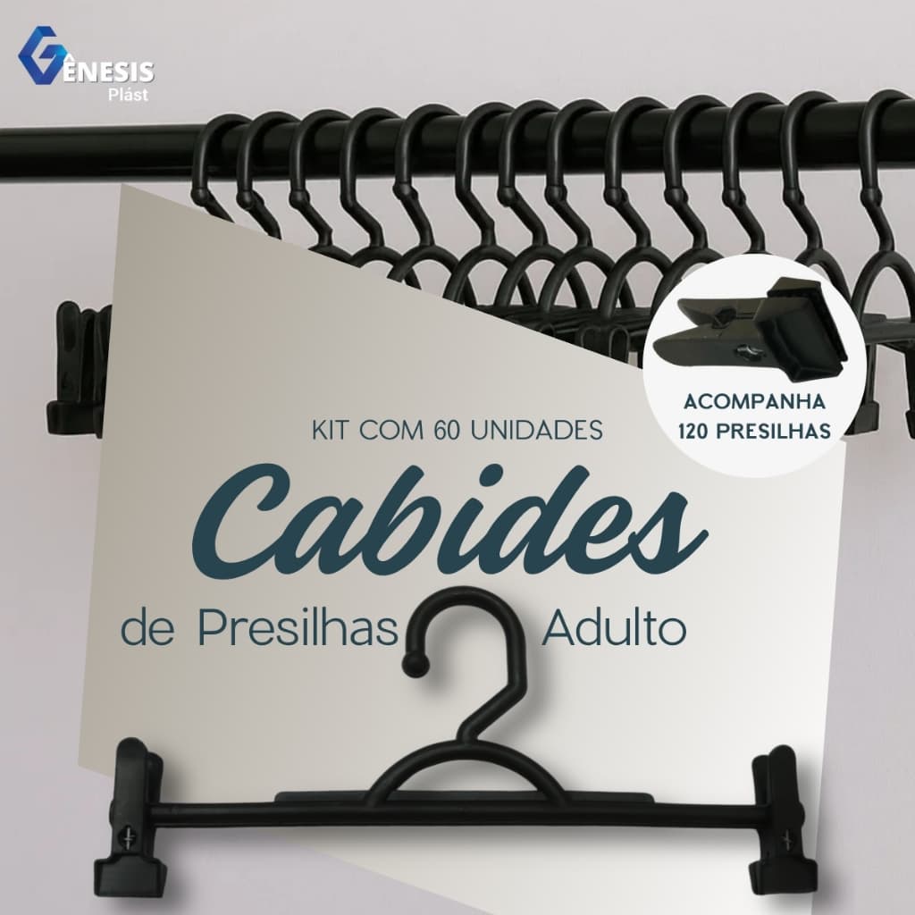 Kit Cabide Adulto 60 Unidades 120 Presilhas Preto Organizar Roupas Loja Closet Vestido Calças