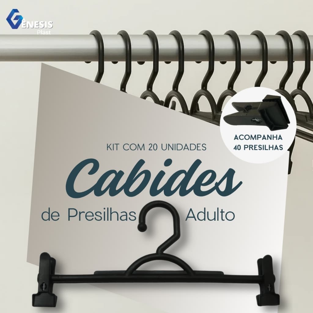 Kit Cabide Adulto 20 Unidades 40 Presilhas Preto Organizar Roupas Loja Closet Arara