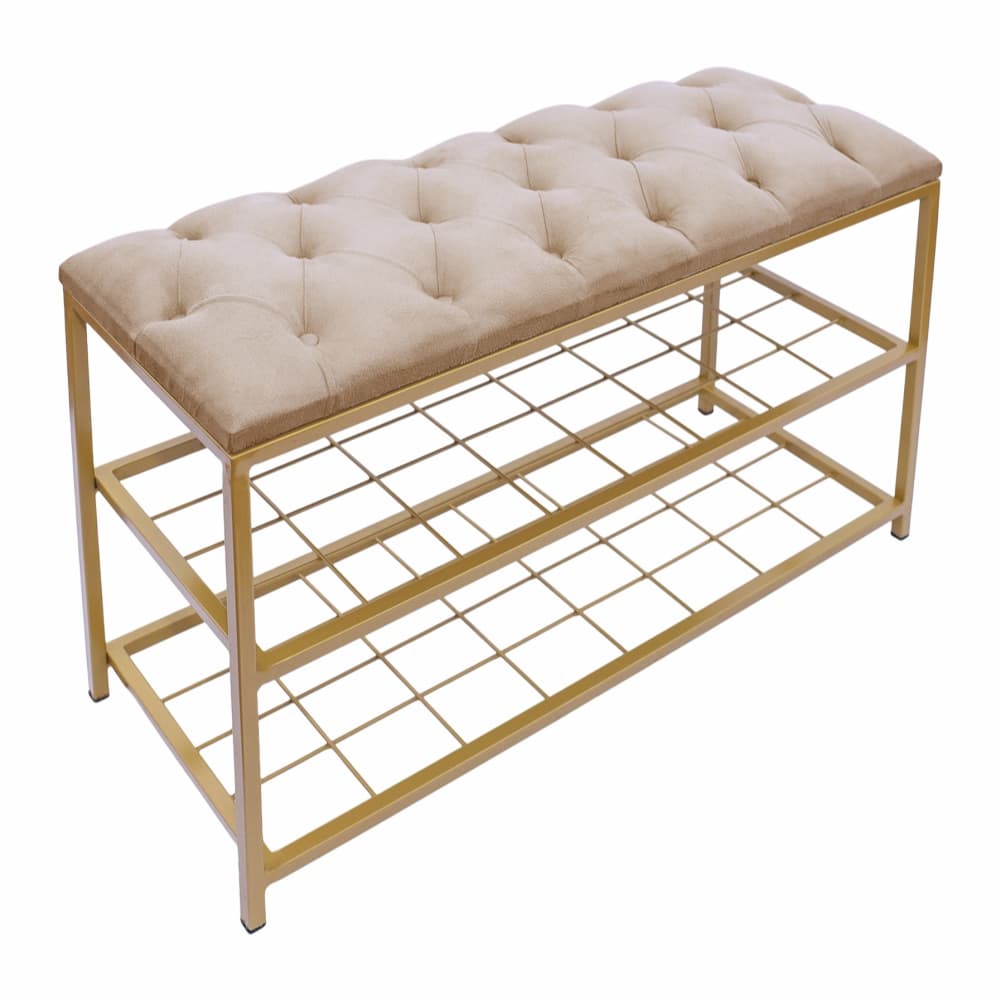 Sapateira banco recamier, ferro dourado, estofada capitonê até 8 pares 80x50x30cm