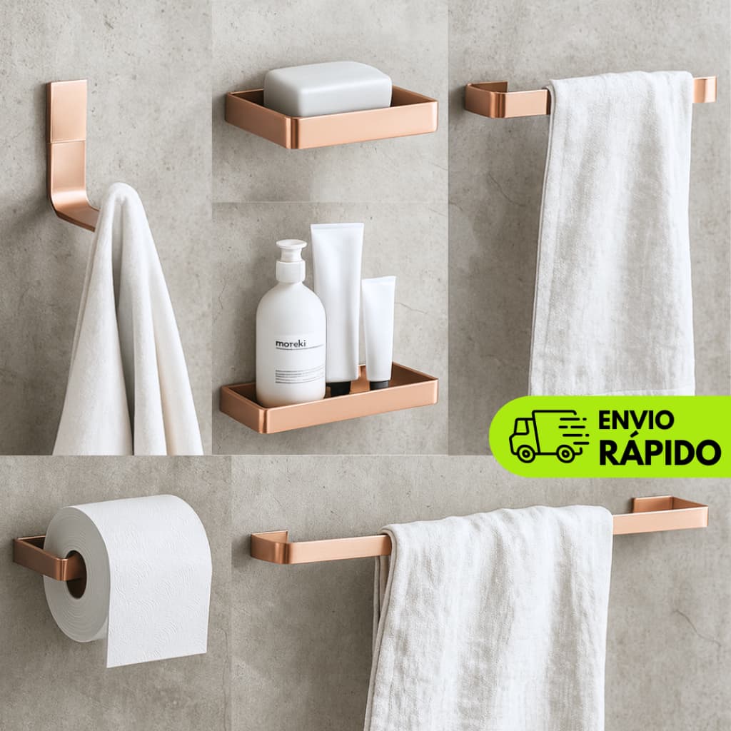 Kit Acessórios Para Banheiro 6 peças - Rose Gold - Decoração Banheiro - Prateleira Banheiro