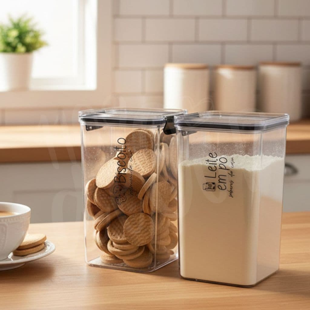2 Potes Herméticos 1450 ml Porta Mantimentos Acrílico Empilháveis Quadrado Resistente