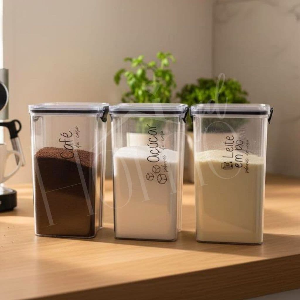 3 Potes Herméticos 1450 ml Café Açúcar Leite em Pó | Porta Mantimentos Acrílico Empilháveis Dispensa Cozinha
