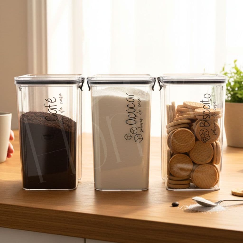 3 Potes Herméticos 1450 ml Café Açúcar Biscoito | Porta Mantimentos Acrílico Empilháveis Dispensa Cozinha