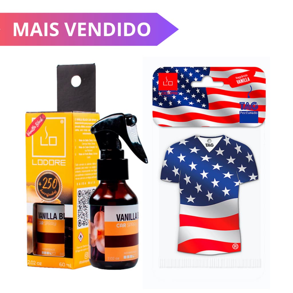 Kit Aromatizador de Carro Vanilla Black + TAG Perfumada EUA | Cheirinho Spray Luxo Lodore