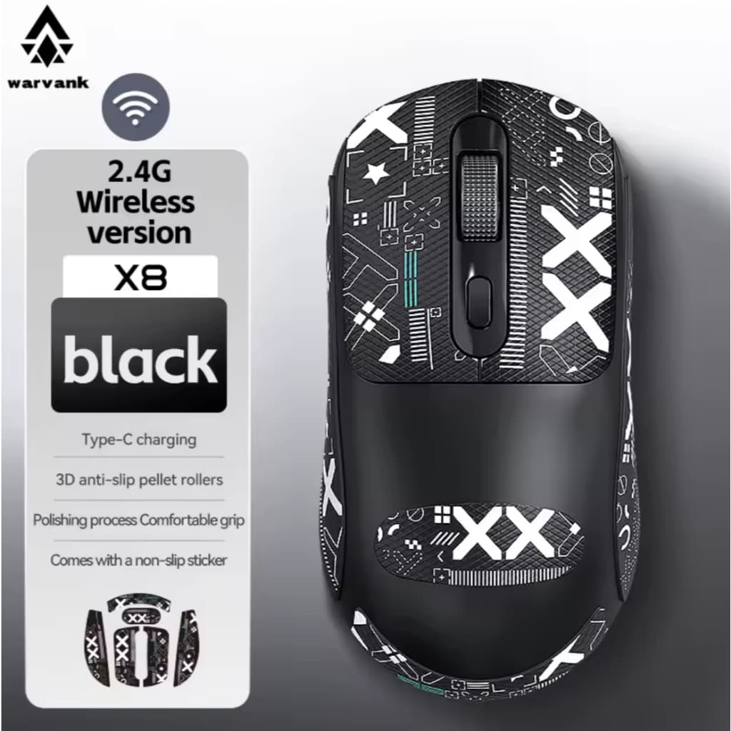 Mouse Gamer Preto Sem Fio Recarregável USB Tipo C Warvank X8 500mAh DPI 1200-2400-3200 Wireless - NF