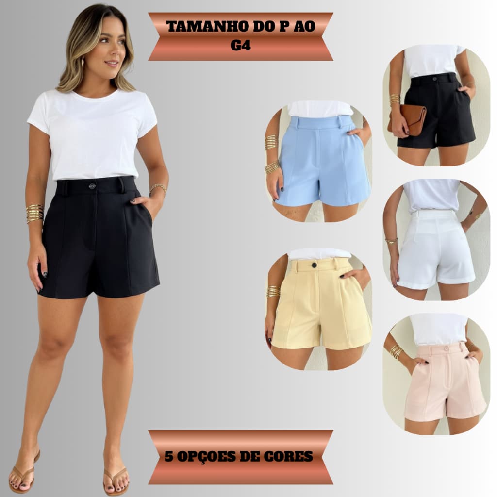 Shortinho Feminino Alfaiataria Bermuda Social Curta Bolso Na Lateral Premium