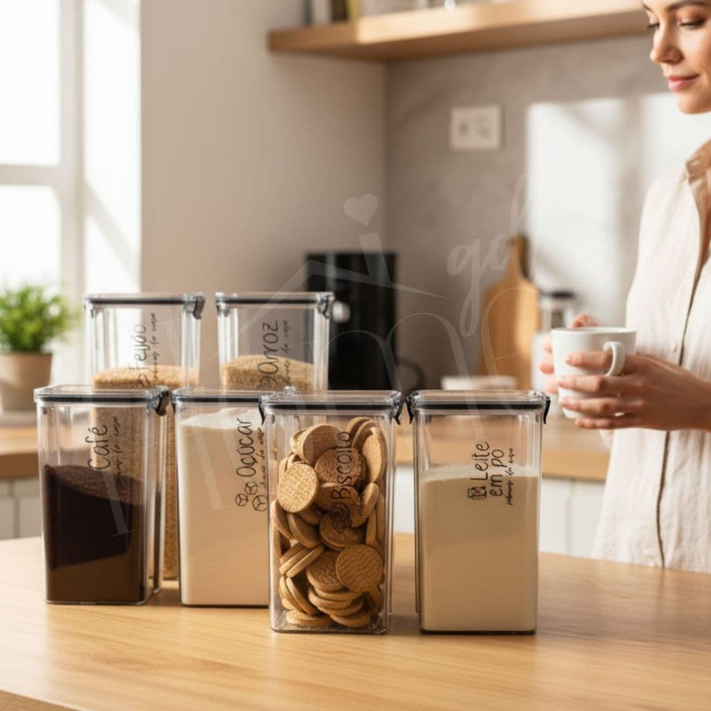 2 Potes de 2150 ml  + 4 Potes Herméticos 1450 ml | Porta Mantimentos Herméticos Acrílico Empilháveis Cozinha Dispensa