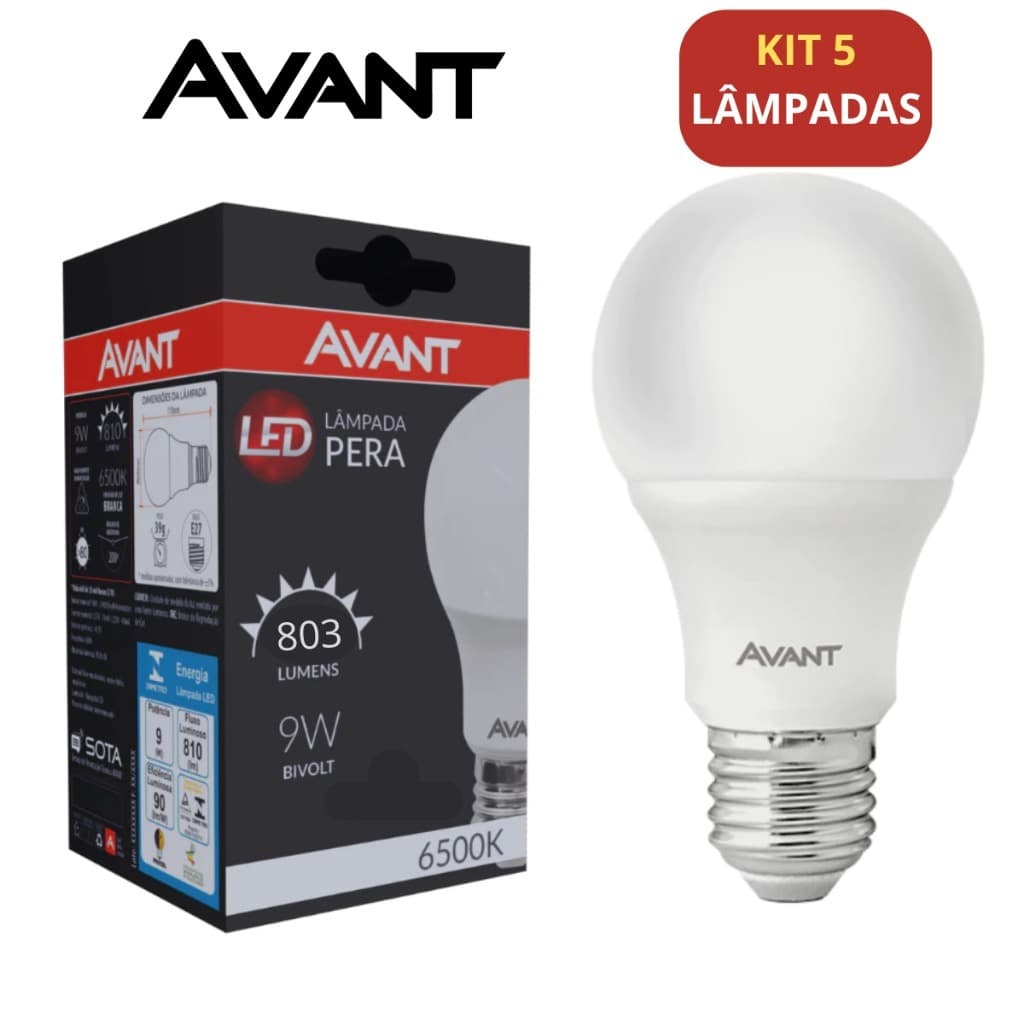 Kit Lâmpada LED Avant 9W Bulbo Pêra 6500K Luz Branco Frio – Iluminação Interna/Externa