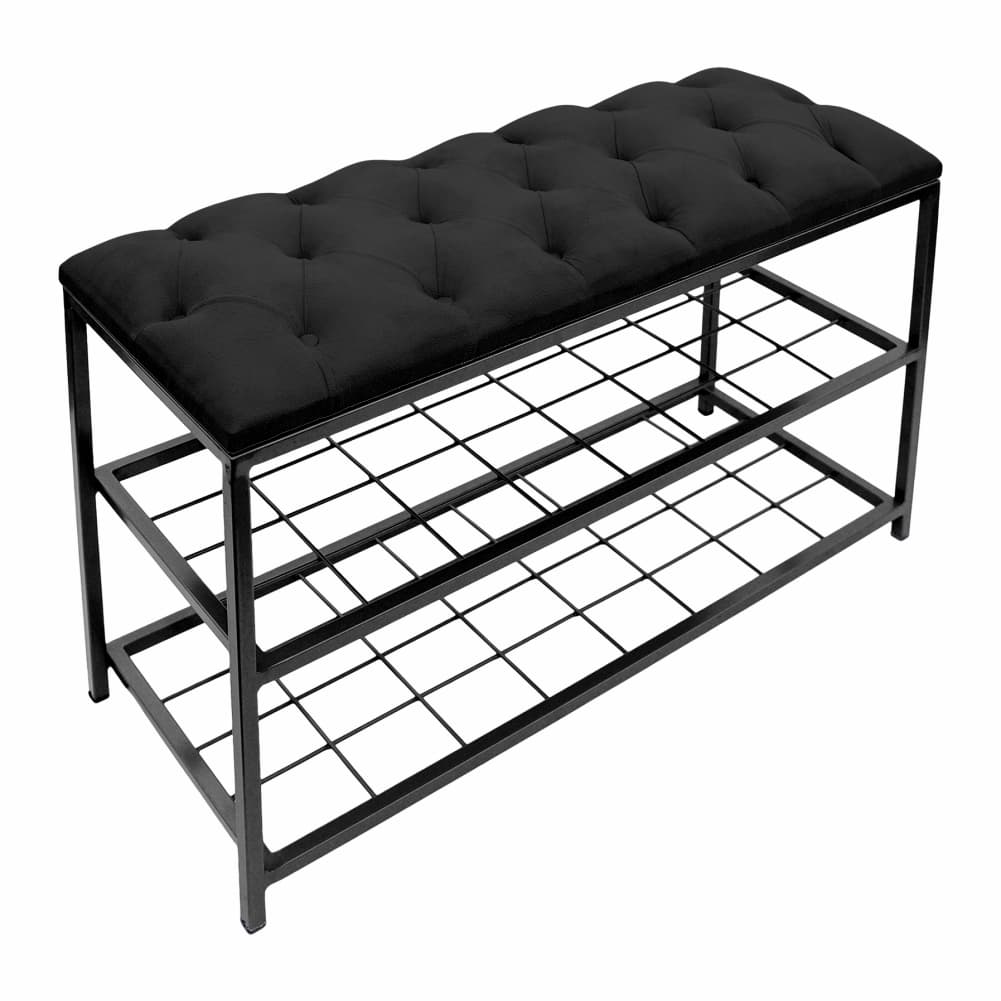Sapateira recamier, banco ferro preto, estofada capitonê até 8 pares 80x50x30cm, quarto closet