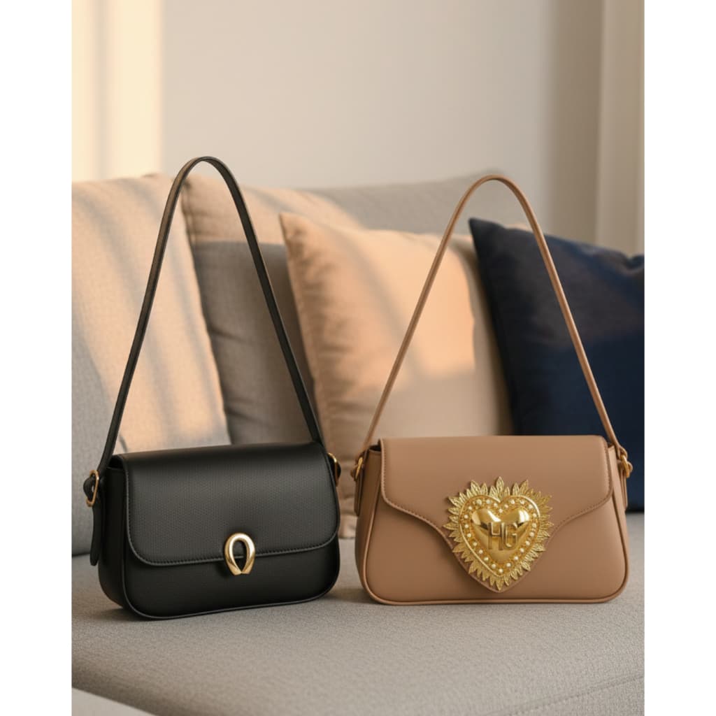 Kit 2 Bolsas Femininas Baguete Ombro Coração Dourado Tendência Moda Feminina Couro Sintético Coração