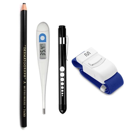 Kit Lápis Derma + Termômetro + Lanterna Clínica + Garrote Elástico | Enfermagem Fisioterapia Saúde