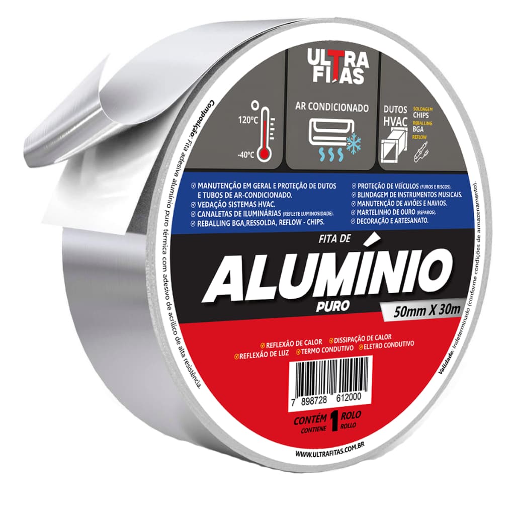 Fita Adesiva Aluminio Puro 50mm X 30 Metros Ar Condicionado Isolamento Térmica Resistência ao Calor