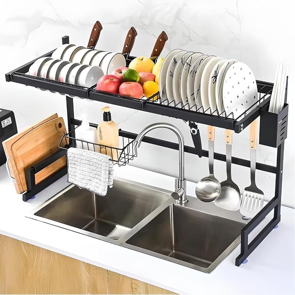 Escorredor de Louça e Alimentos com Porta Copos Pratos Talheres Modular Organizador, Preto, 65cm