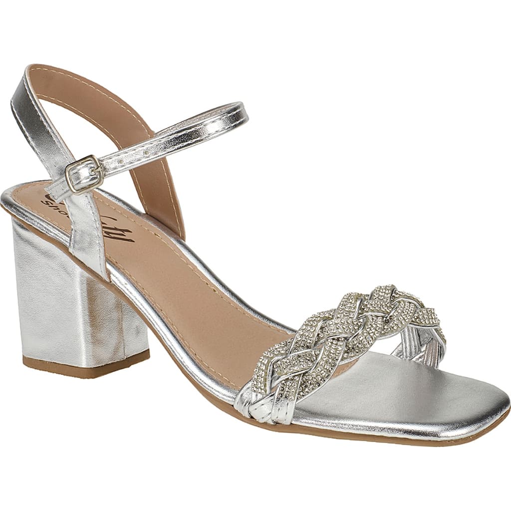 Sandália Feminina Prata Strass Salto Alto Grosso Casual Festa Confortável Tamanho Grande Naty Shoes