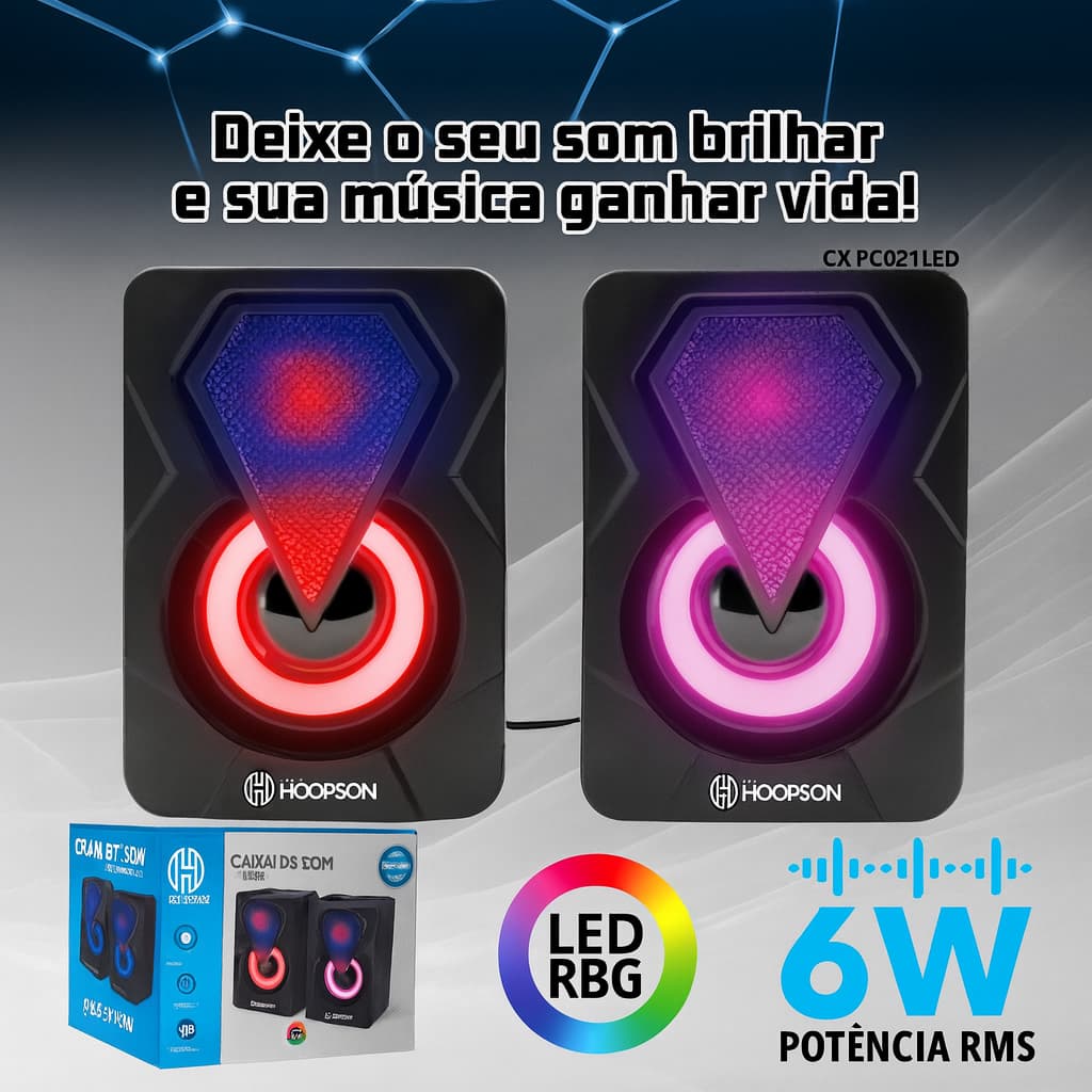 Caixa de Som PC Gamer RGB 2.0 Estéreo 6W USB + P2 | LED Respiração | Compacta, Potente e Premium