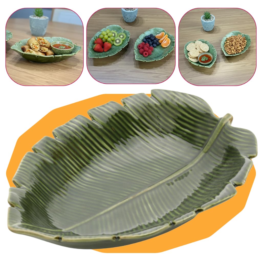 Prato Decorativo Folha Banana Leaf Verde Natural Petisqueira Versátil 23x16cm - Lyor