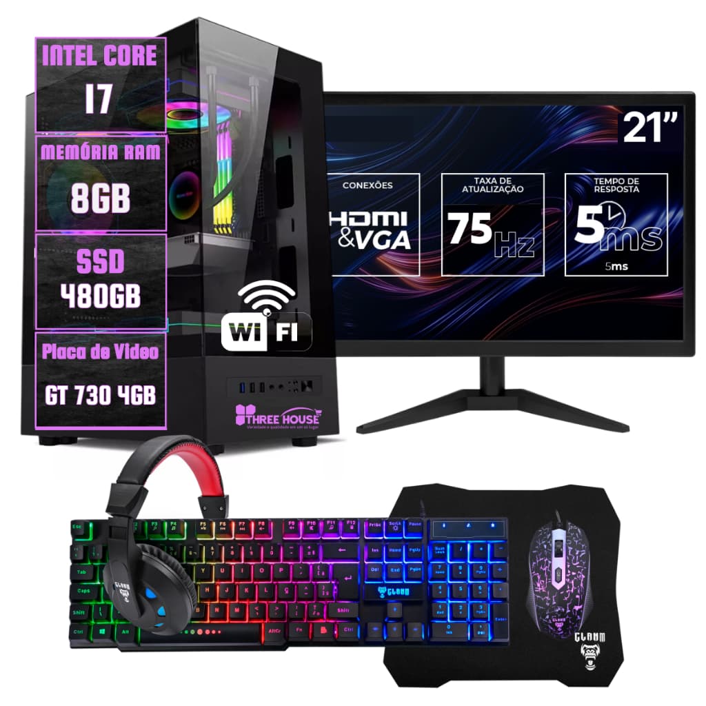 PC Gamer Intel Core I7, 16Gb Ram, Ssd480gb,Fonte 500w, GT730 4Gb, Completo com Monitor 21", Combo Periféricos, Wi-Fi