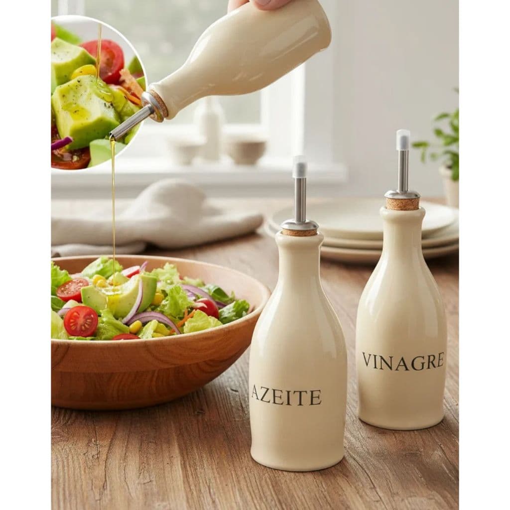 Porta Azeite e Porta Vinagre 300ml Porcelana Premium Bege Bico Dosador