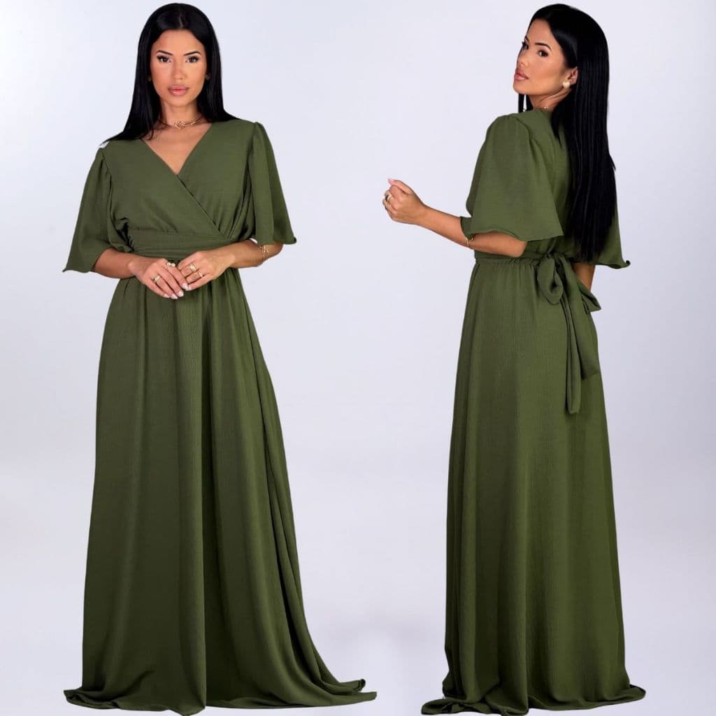 Vestido de dunas para festa e eventos verde militar manga curta com elástico na cintura com 2 faixas pra ajustar tamanho