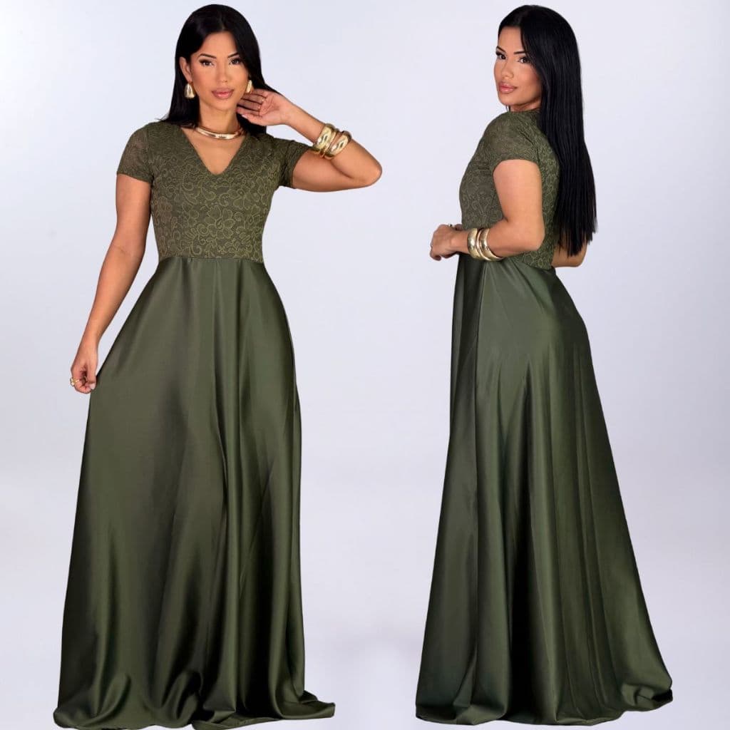 vestido longo de renda e saia de crepe acetinado gode elegante para madrinha de casamento formatura festa verde militar