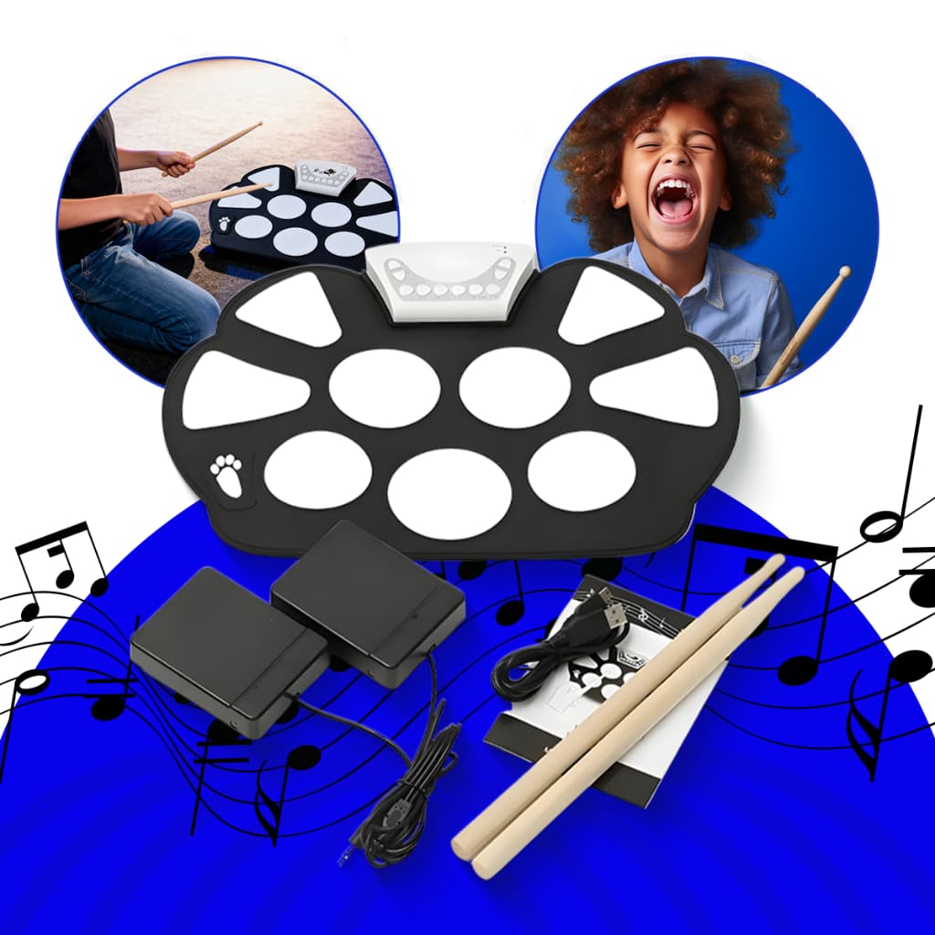 Bateria Musical Eletrônica Silicone Dobrável com Baquetas 10 Pads 2 Pedais EMT-S9 Exbom