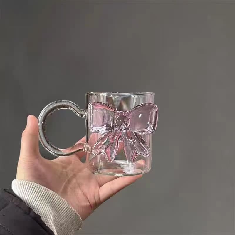 Caneca de vidro com laço 3D rosa 300ml
