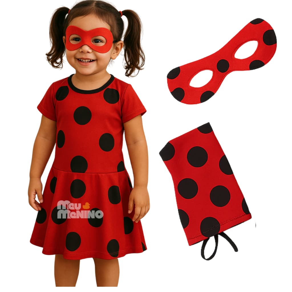 Vestido Infantil Joaninha Com Acessórios Menina Manga Curta Vermelho
