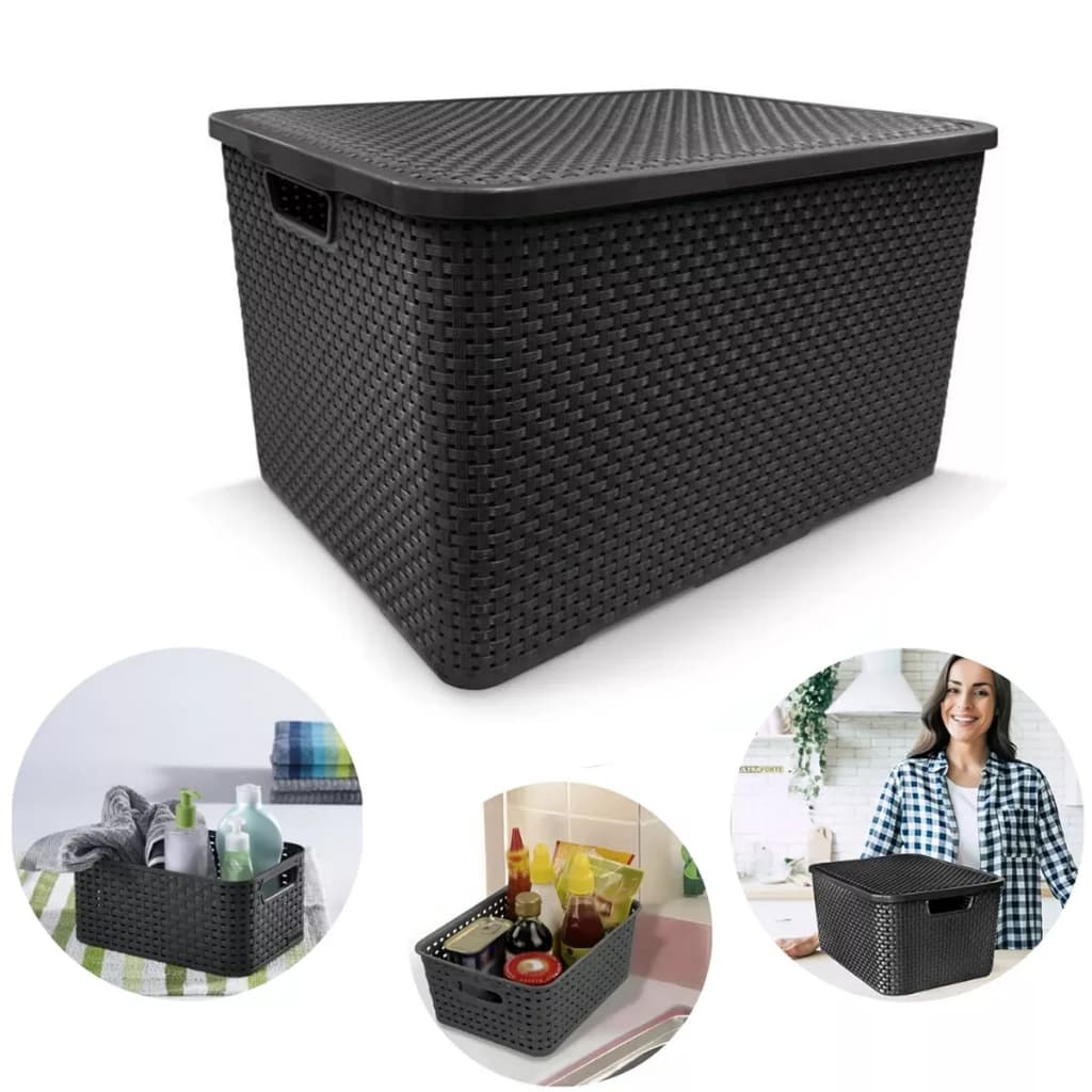 Kit de Caixas Organizadoras Rattan 7 Litros C/ Tampa Organizador Multiuso e Moderno Cesto Caixa Organizadora Rattan