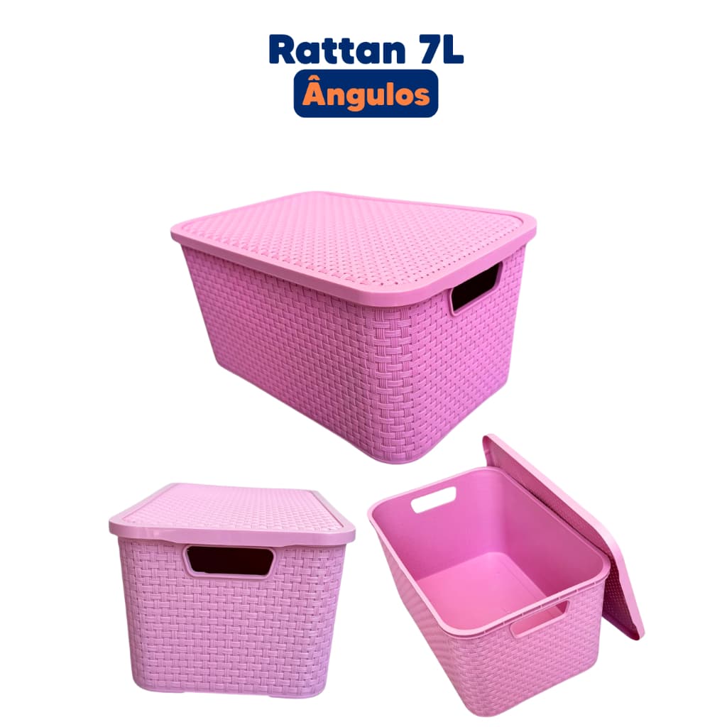 Kit Caixa Cesto Organizador Multiuso 7 Litros Rattan Com Tampa Ideal para Armarios, Cozinha, Banheiro, Escritorio